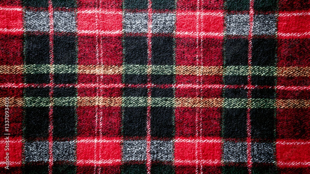 Red, black, green tartan wool fabric flat lay for design or textile background Red, black, green tartan wool fabric flat lay for design or textile background
