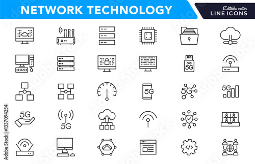 Network Technology icon set. Network and Internet, smart home, control, system, technology, alarm, surveillance, lock, computer, wifi, communication line icon set. UI thin line icon pack.