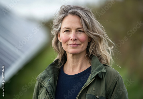 A middle-aged woman with blonde hair stands outdoors, confidently posing next to solar panels in a green landscape under a cloudy sky