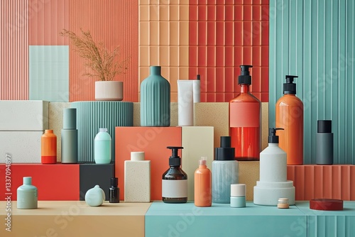 A colorful display of various cosmetic and skincare product containers