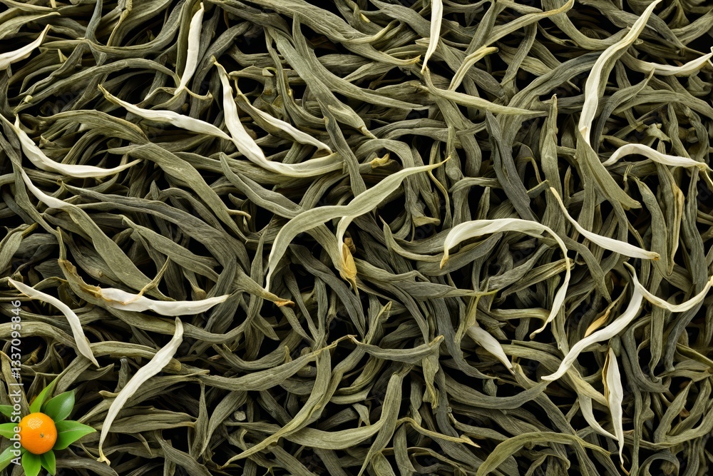 there are many green tea leaves and oranges on the table there are many green tea leaves and oranges on the table
