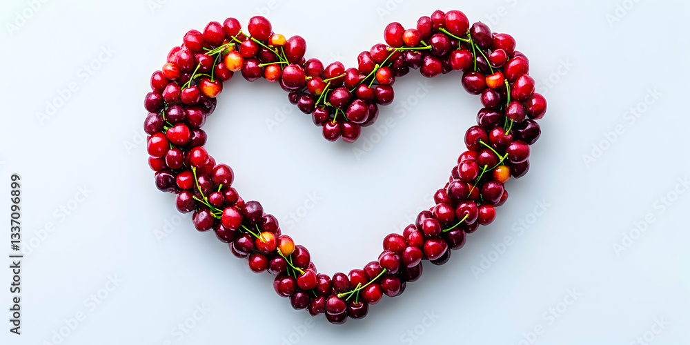 Heart Shape Made of Fresh Red Cherries on Light Gray Background for Summer Celebrations Heart Shape Made of Fresh Red Cherries on Light Gray Background for Summer Celebrations