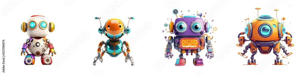 Fototapeta premium Four colorful robots standing in a row against a white background, digital art illustration isolated on white or transparent