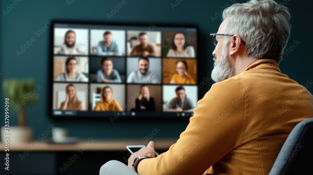 Obraz premium Remote work in culture concept. Man participating in a virtual meeting with multiple attendees on screen.