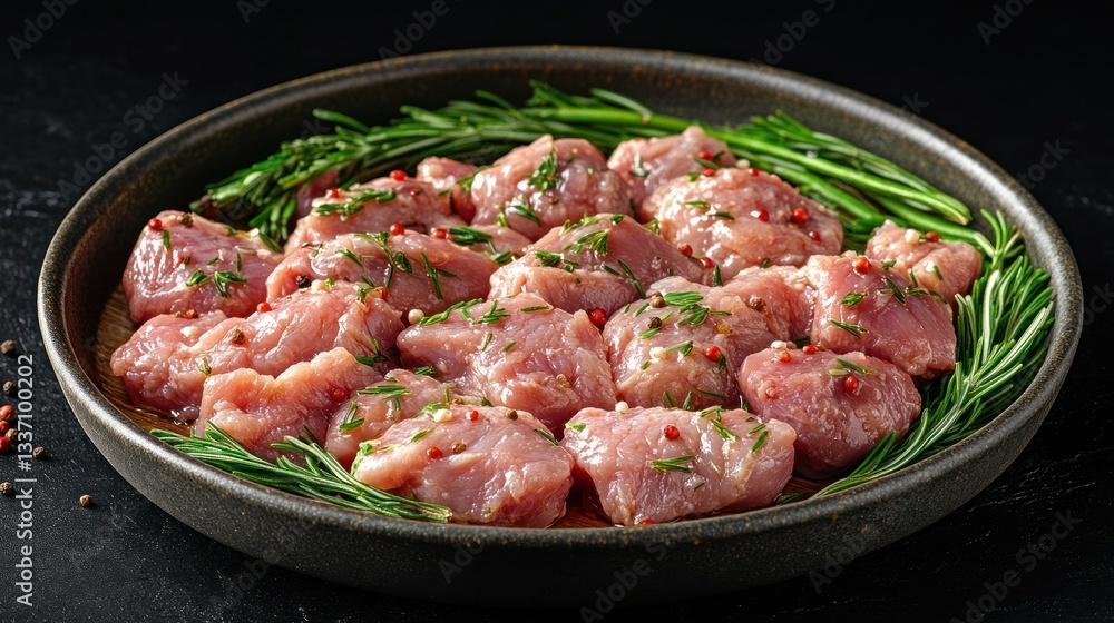 Fresh, seasoned cubed meat with herbs. Prepared for cooking Fresh, seasoned cubed meat with herbs. Prepared for cooking