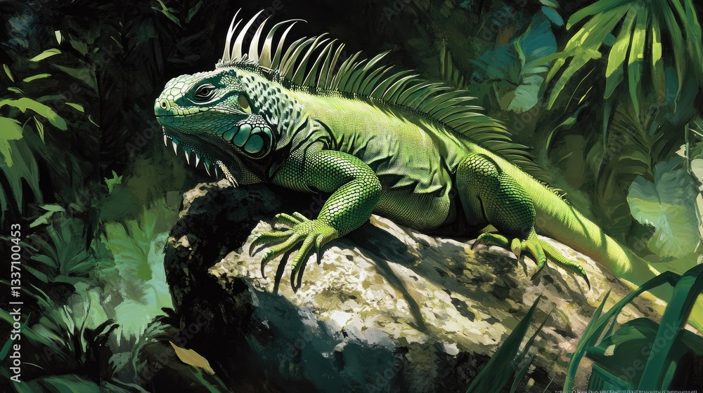 Magnificent Green Iguana in Lush Tropical Habitat Magnificent Green Iguana in Lush Tropical Habitat