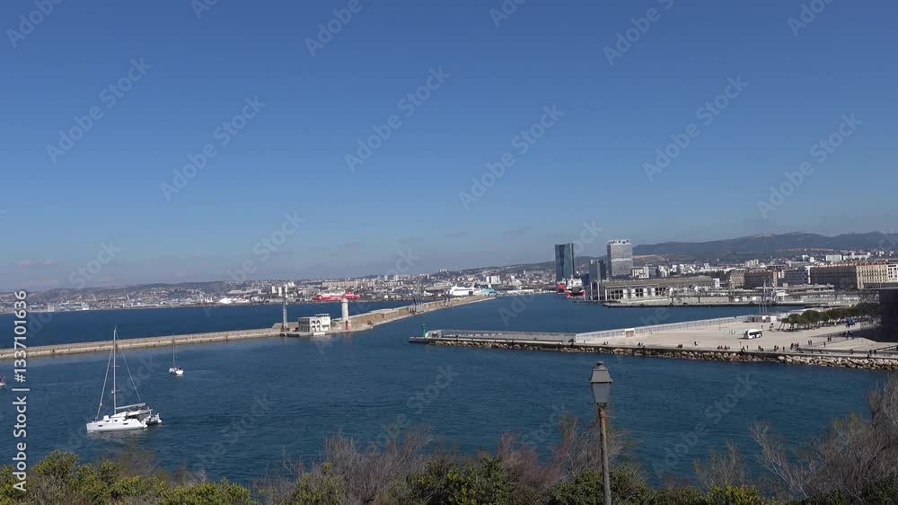 Marseille, France A panoramic view of Le Vieux Port on a sunny day. Marseille, France A panoramic view of Le Vieux Port on a sunny day.