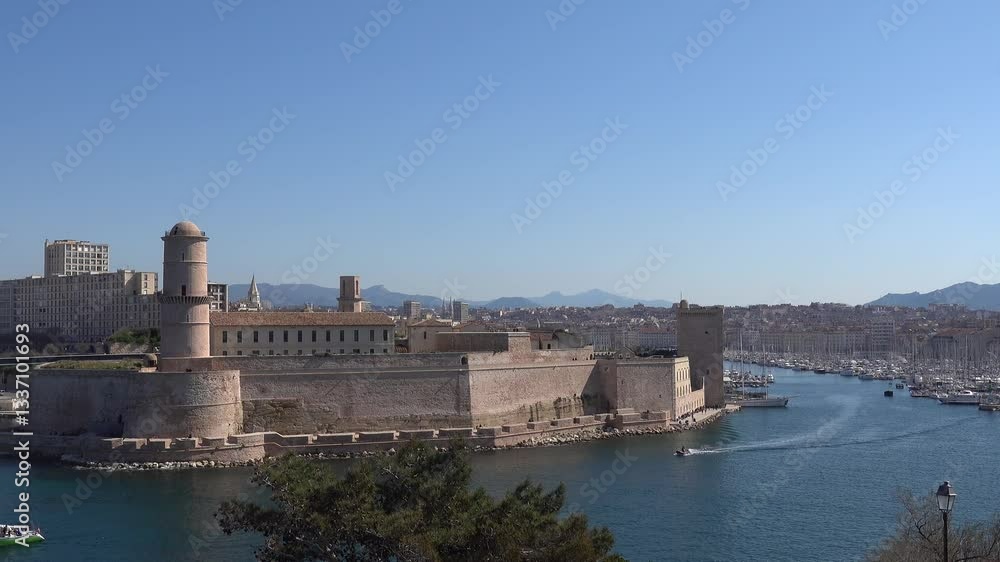 Marseille, France A panoramic view of Le Vieux Port on a sunny day. Marseille, France A panoramic view of Le Vieux Port on a sunny day.