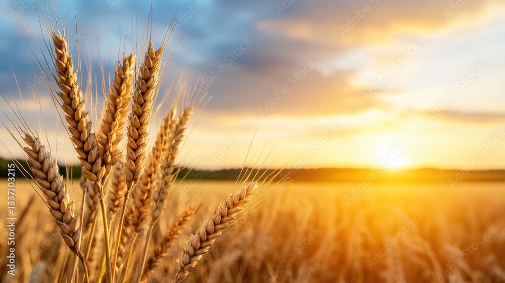 Fototapeta premium This image showcases a stunning golden wheat field under a vibrant sunset, capturing the beauty of nature, growth, and abundance in an agricultural landscape.