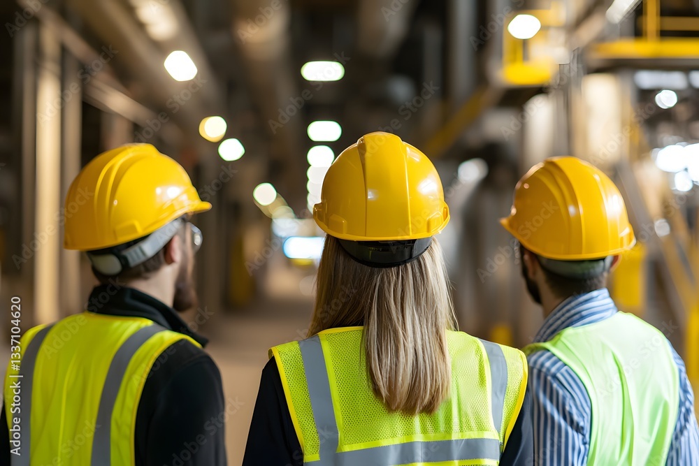 Safety First: A team of construction workers, heads adorned with yellow hard hats and safety vests, engaged in inspecting a building. Safety First: A team of construction workers, heads adorned with yellow hard hats and safety vests, engaged in inspecting a building.