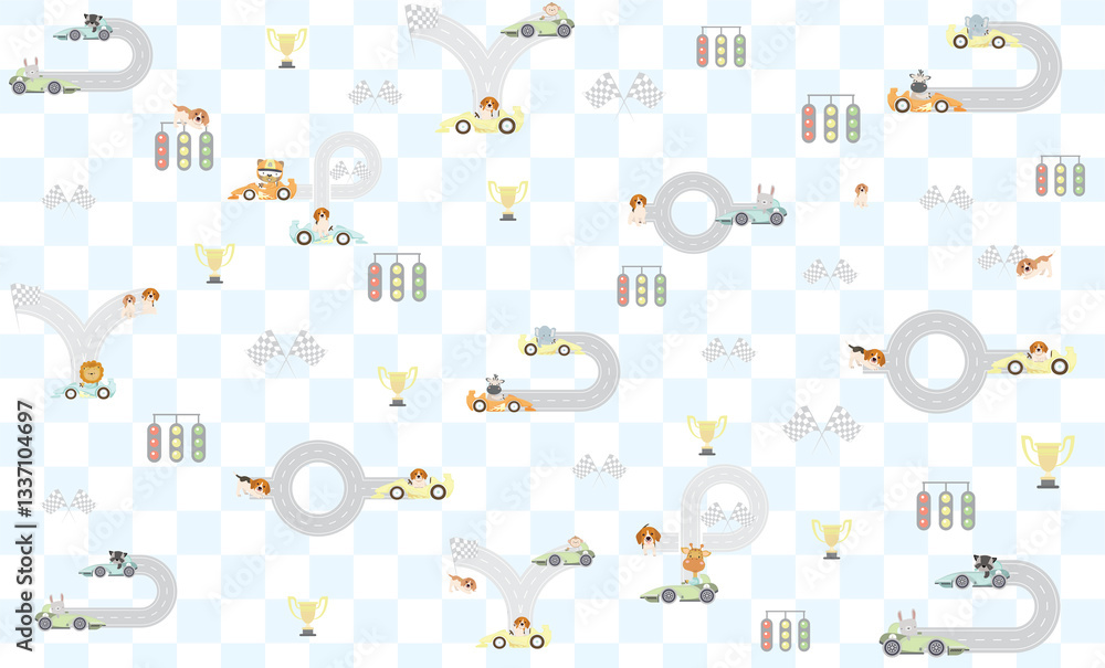 custom made wallpaper toronto digitalDECORATIVE CHECKED BACKGROUND WITH ANIMALS AND RACE CARS, FOR CHILDREN