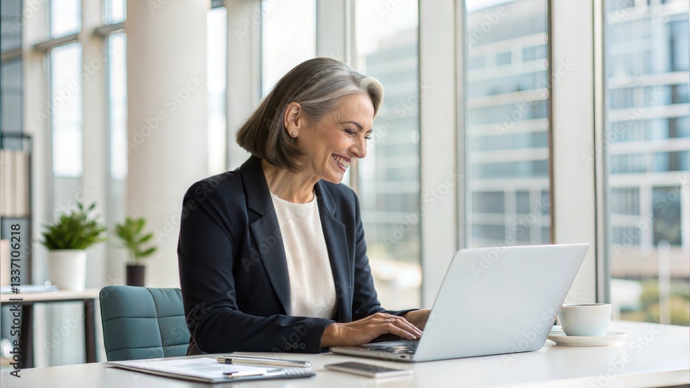 A happy middle-aged businesswoman working on a laptop in an office. A confident female executive in a corporate environment. A happy middle-aged businesswoman working on a laptop in an office. A confident female executive in a corporate environment.
