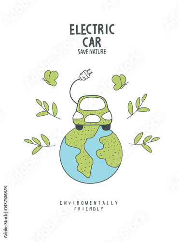 Vector hand drawn sketch of elecrtic car. illustration of Environmentally friendly planet. Think Green. Alternative energy concept. 