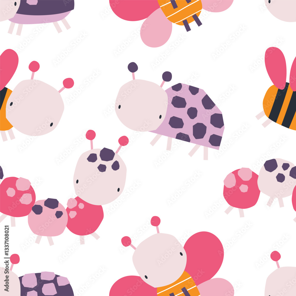 Fototapeta premium Vector seamless pattern with cute insects. Ladybug, caterpillar, butterfly, bee, beetle. Creative kids texture for fabric, wrapping, textile, wallpaper. Nursery. Scandinavian style.