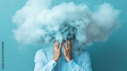 Man with his head engulfed in fog or smoke - brain fog, burnout, mental health problems