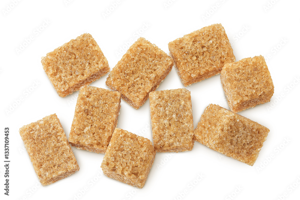 brown sugar cubes isolated on white background. Top view, flat lay brown sugar cubes isolated on white background. Top view, flat lay