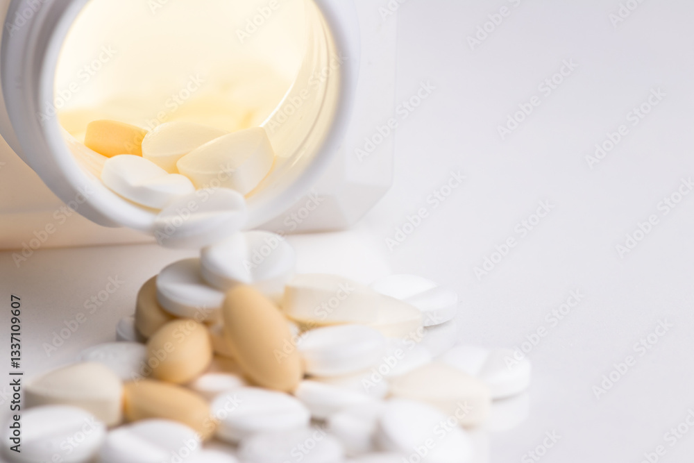 Assorted Pills Spilled From a Bottle on a White Background Assorted Pills Spilled From a Bottle on a White Background