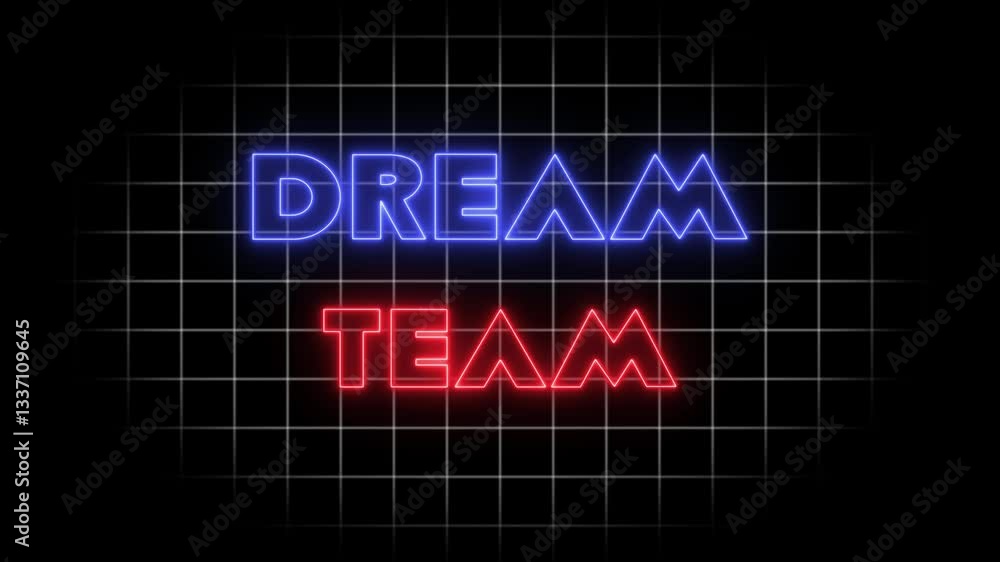 Dream team neon shiny typography on grid background. shiny blue pink red and green alphabet glowing animation. Dream team neon shiny typography on grid background. shiny blue pink red and green alphabet glowing animation.