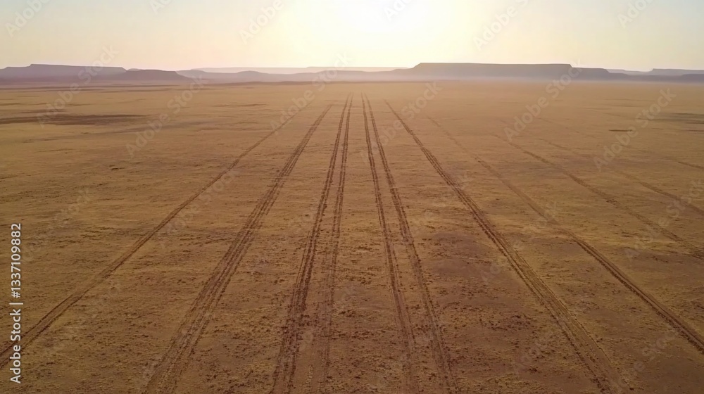 Naklejka premium Desert landscape with parallel tire tracks. Vast, golden expanse stretching to horizon