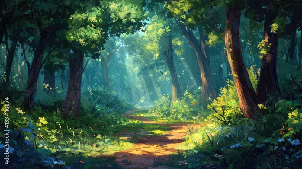 Naklejka premium Sunlit Forest Path: A Digital Painting of Tranquil Nature