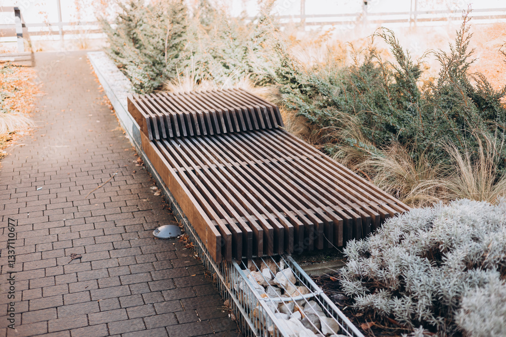 A modern wooden bench standing in the park. Comfortable bench in recreation area. City improvement, urban planning, public spaces.