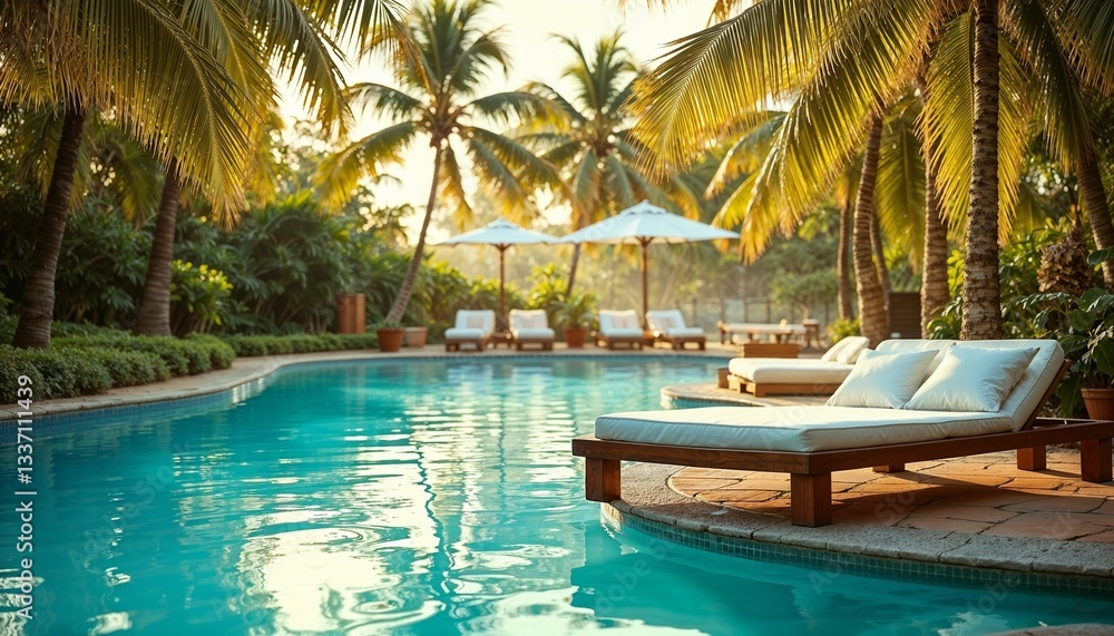 Tropical pool area with lounge chairs and palm trees under a warm sunset glow
