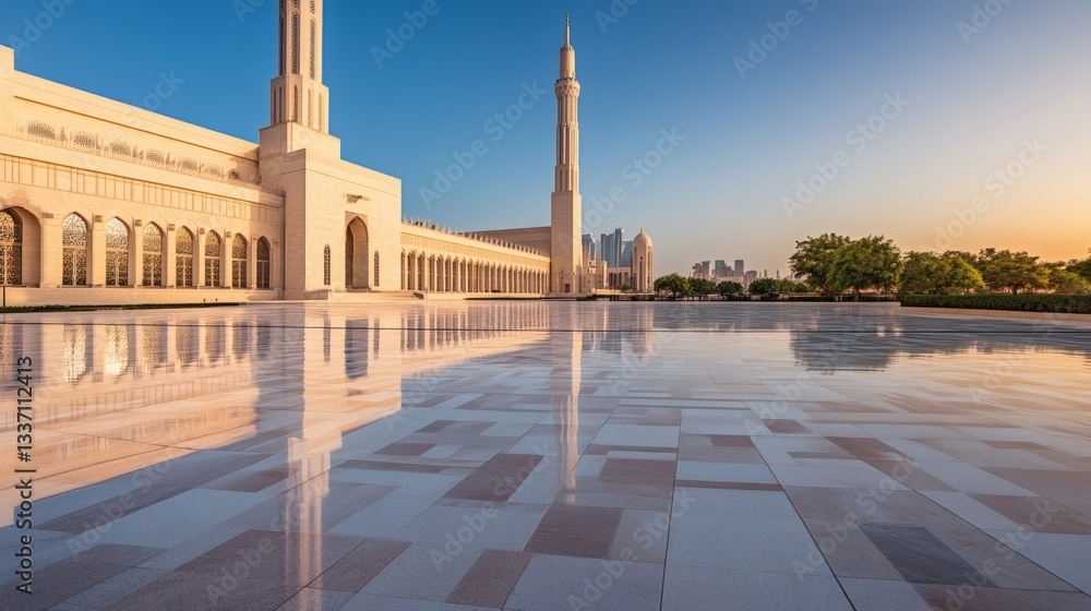 Obraz premium Architectural grandeur with minarets and reflecting surfaces against clear skies