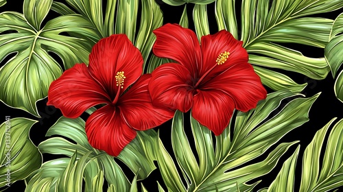 Wallpaper Mural Tropical Hibiscus and Monstera Leaves Pattern Design Torontodigital.ca