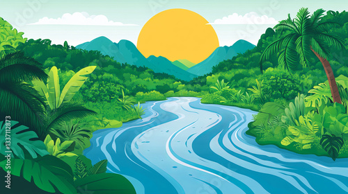 Fototapeta Naklejka Na Ścianę i Meble -  River in jungle forest vector tropical landscape background. Flowing stream water cartoon nature illustration with green grass and wild amazon scenery. Rainforest game scene design with sun beam