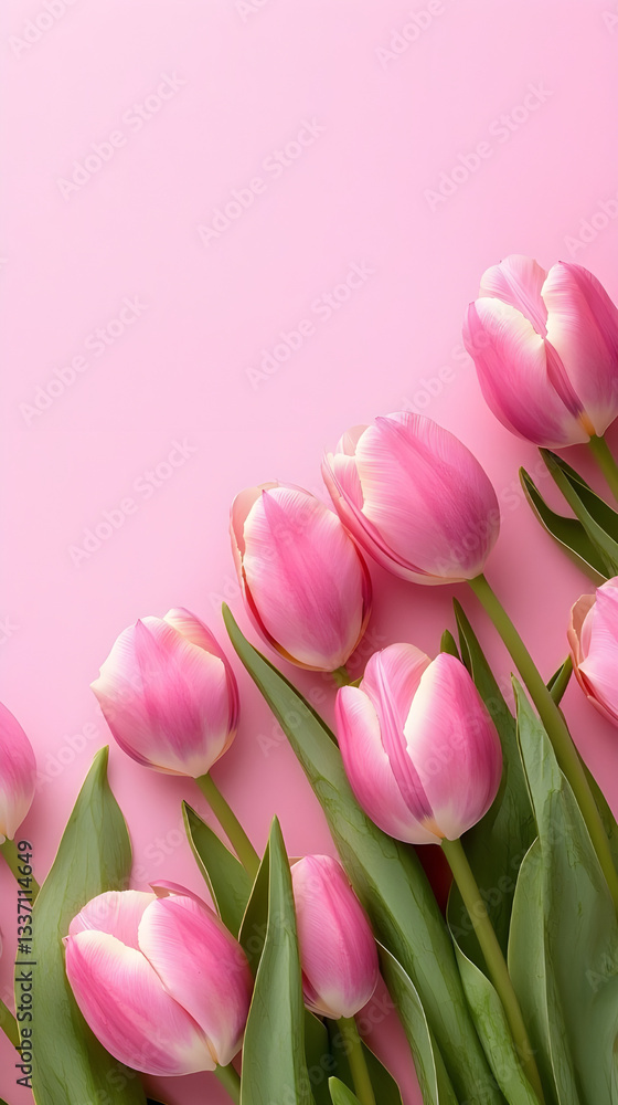 Fototapeta premium Pink Tulip Flowers on Soft Pastel Background with Copy Space – Elegant Spring Floral Border for Greeting Cards, Invitations, Mother's Day, or Wedding Designs