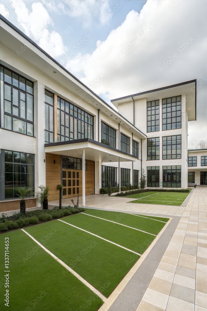Exterior view of a modern school building with a clean architectural design. Exterior view of a modern school building with a clean architectural design.