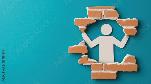 Symbolic representation of breaking down barriers, showing a figure emerging through a wall, conveying resilience and empowerment.