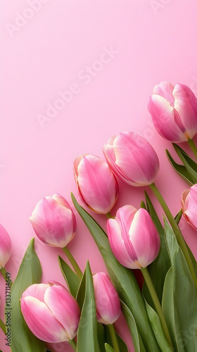 Pink Tulip Flowers on Soft Pastel Background with Copy Space – Elegant Spring Floral Border for Greeting Cards, Invitations, Mother's Day, or Wedding Designs