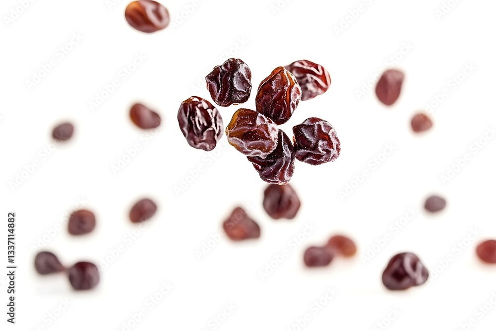 Obraz premium Falling Raisins – Dried Fruit in Motion Isolated on White Background