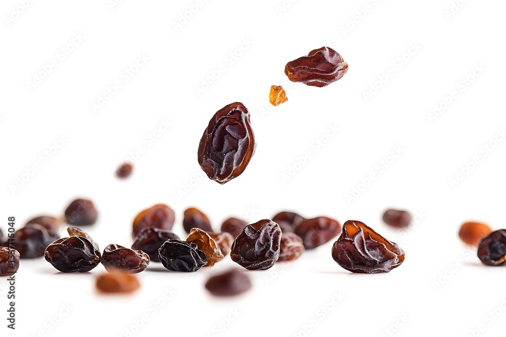 Fototapeta premium Falling Raisins – Dried Fruit in Motion Isolated on White Background