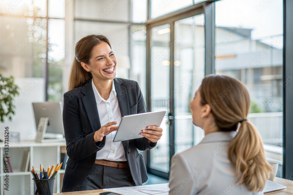 Smiling businesswoman holding a tablet, welcoming a client and offering professional services in an office. Smiling businesswoman holding a tablet, welcoming a client and offering professional services in an office.