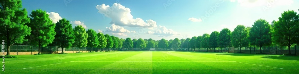 Naklejka premium Panoramic view, lush green football field, ample copy space , landscape, blank
