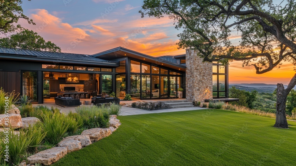 Fototapeta premium Contemporary Home with Panoramic Views at Sunset showcases architectural beauty