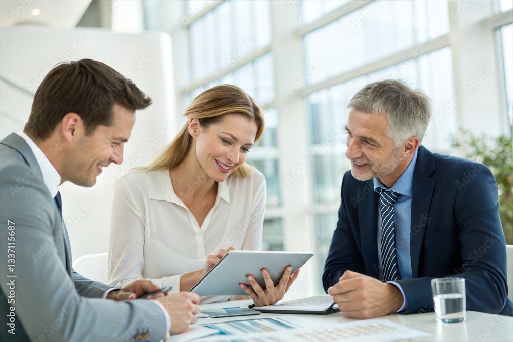 Colleagues discussing financial strategies and planning a company's growth using a tablet. Colleagues discussing financial strategies and planning a company's growth using a tablet.