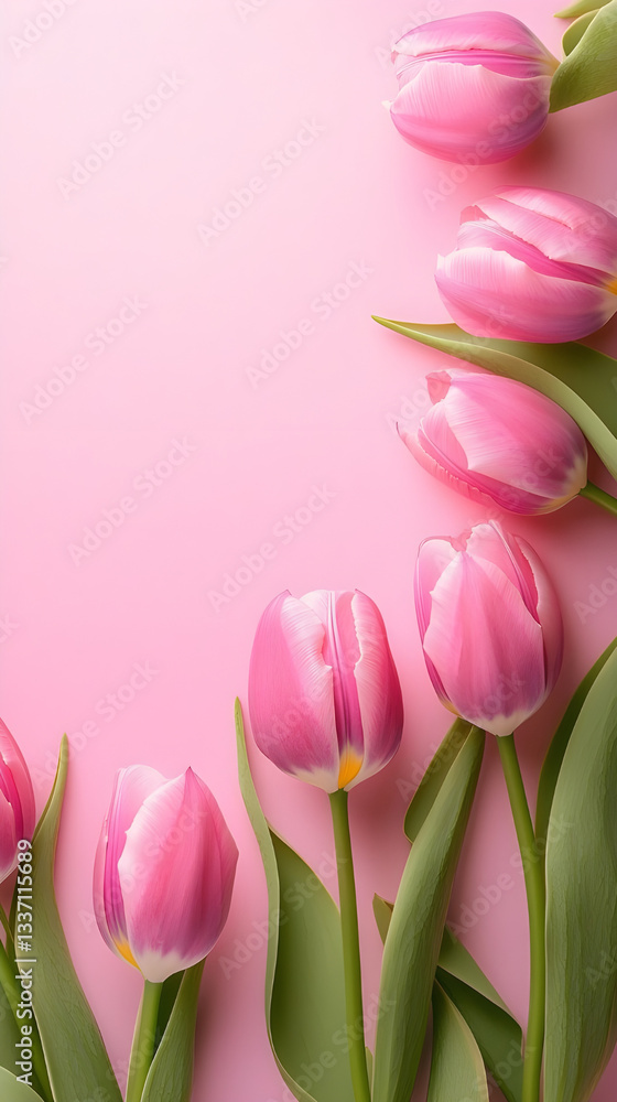Fototapeta premium Pink Tulip Flowers on Soft Pastel Background with Copy Space – Elegant Spring Floral Border for Greeting Cards, Invitations, Mother's Day, or Wedding Designs