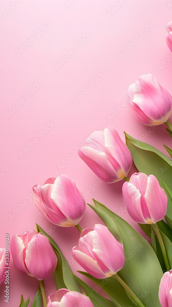 Obraz premium Pink Tulip Flowers on Soft Pastel Background with Copy Space – Elegant Spring Floral Border for Greeting Cards, Invitations, Mother's Day, or Wedding Designs