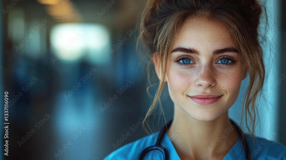 Portrait of a Young Female Nurse with Beautiful Blue Eyes and Freckles Portrait of a Young Female Nurse with Beautiful Blue Eyes and Freckles