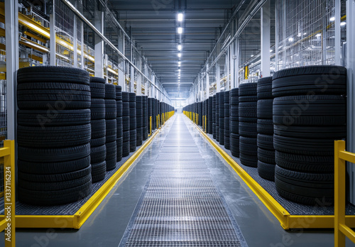 Rows of truck tires are organized neatly in a spacious production line within a contemporary manufacturing facility, emphasizing efficiency