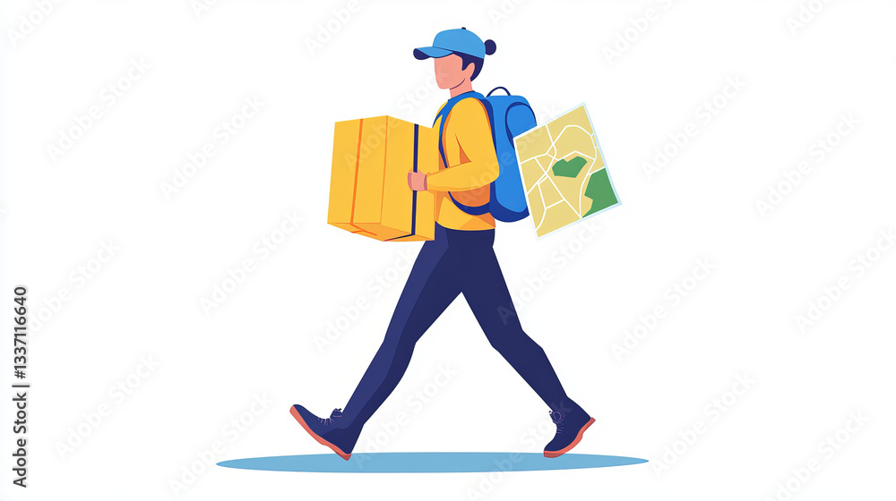 Delivery service banner with man courier with backpack and map points. Vector landing page with flat illustration of deliver man walk and carry parcel or order Delivery service banner with man courier with backpack and map points. Vector landing page with flat illustration of deliver man walk and carry parcel or order
