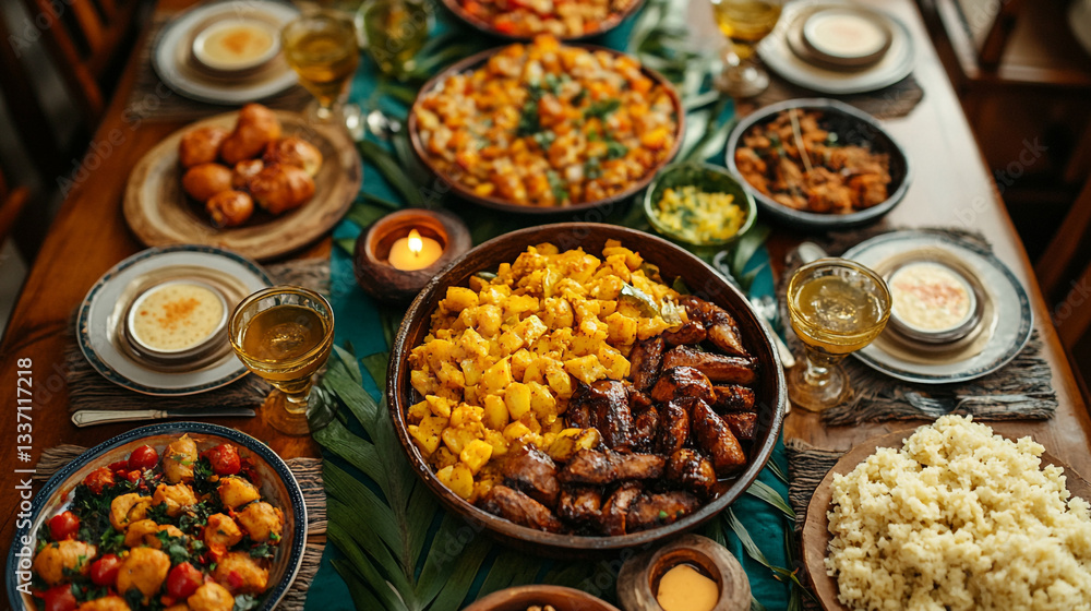 Fototapeta premium A lavishly decorated table with various dishes and drinks arranged for a festive celebration.