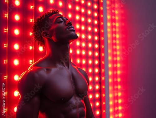 Muscular Man Bathed in Radiant Red Light Therapy: Wellness, Relaxation, and Skincare Benefits for Improved Health and Enhanced Muscle Recovery