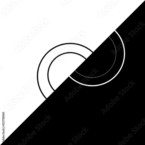 Abstract image with black and white halftones, consisting of two intersecting circles separated by a diagonal line. Contrast and minimalism create a dynamic visual effect.