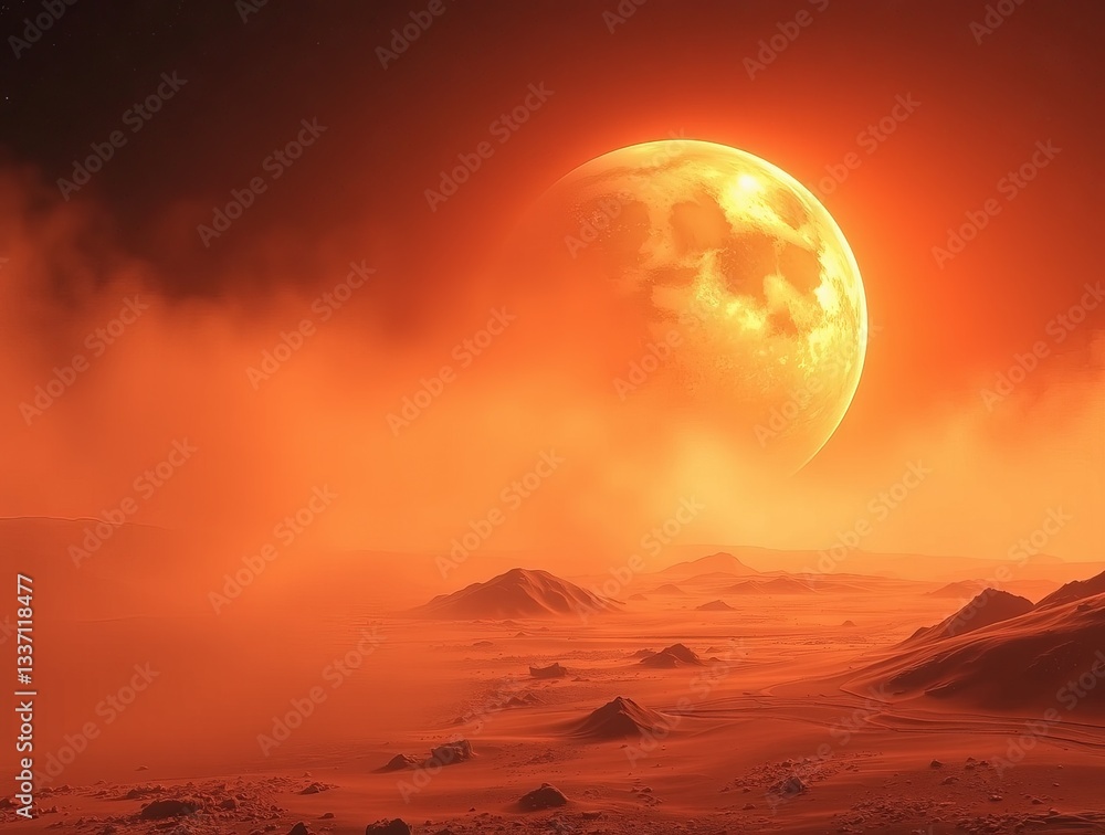 Fototapeta premium Mysterious red landscape under a giant orange moon casting eerie shadows at dusk in an otherworldly setting