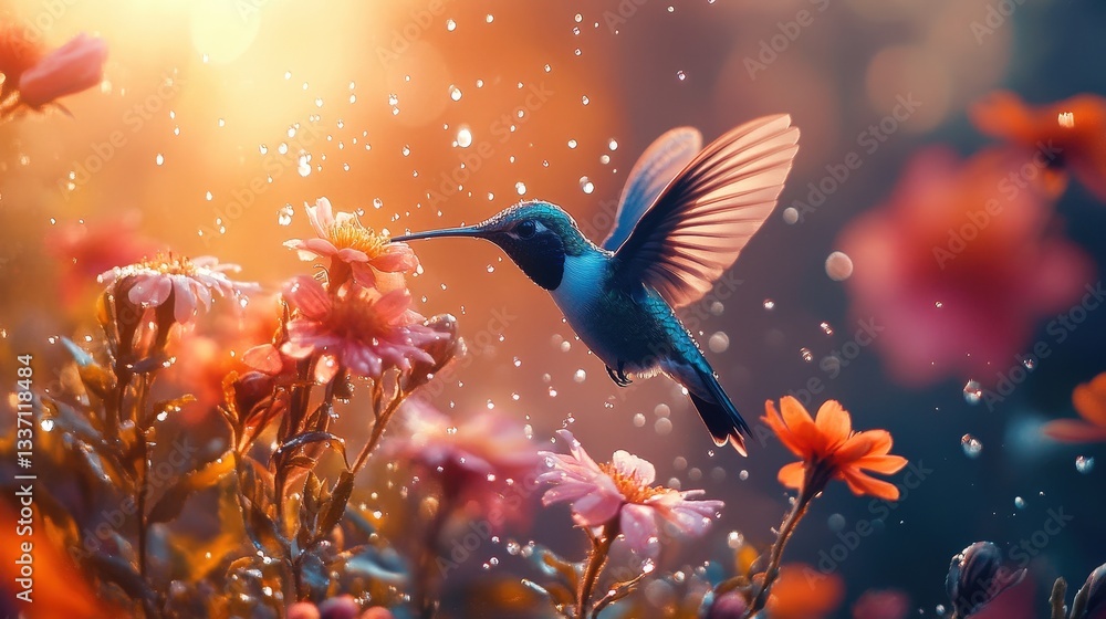 Fototapeta premium Hummingbird Feeding on Flowers in Rain Vibrant Nature Scene Springtime Beauty