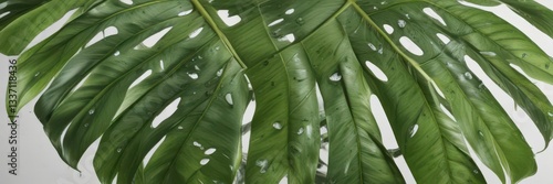 Close-up of single Monstera deliciosa leaf with unique holes and tears on a bright white background,  leaf,  hole